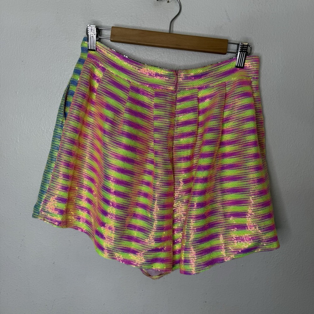 Queen Of Sparkles Neon Stripe Sequin Shorts Pink Yellow/green Women's Medium - Picture 5 of 12